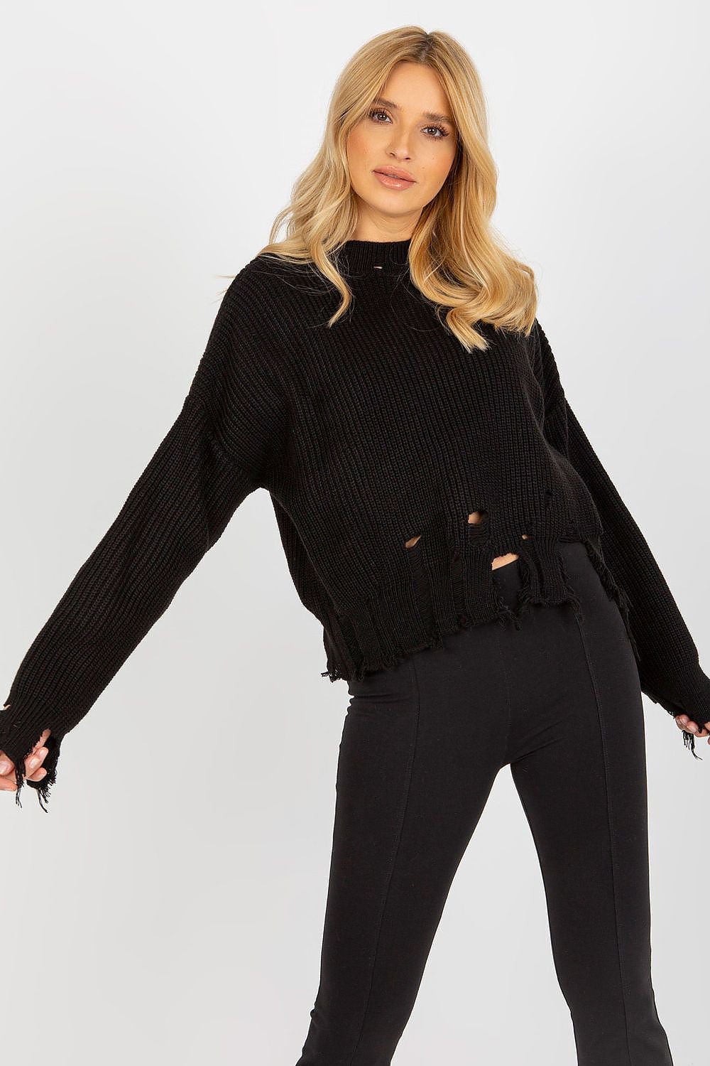 Loose Cut Sweater with Long Sleeves and Stand-Up Collar