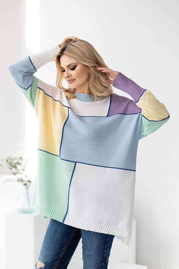 SHIRLYN Color Block Pattern Sweater - Loose-Fitting & Extended Back