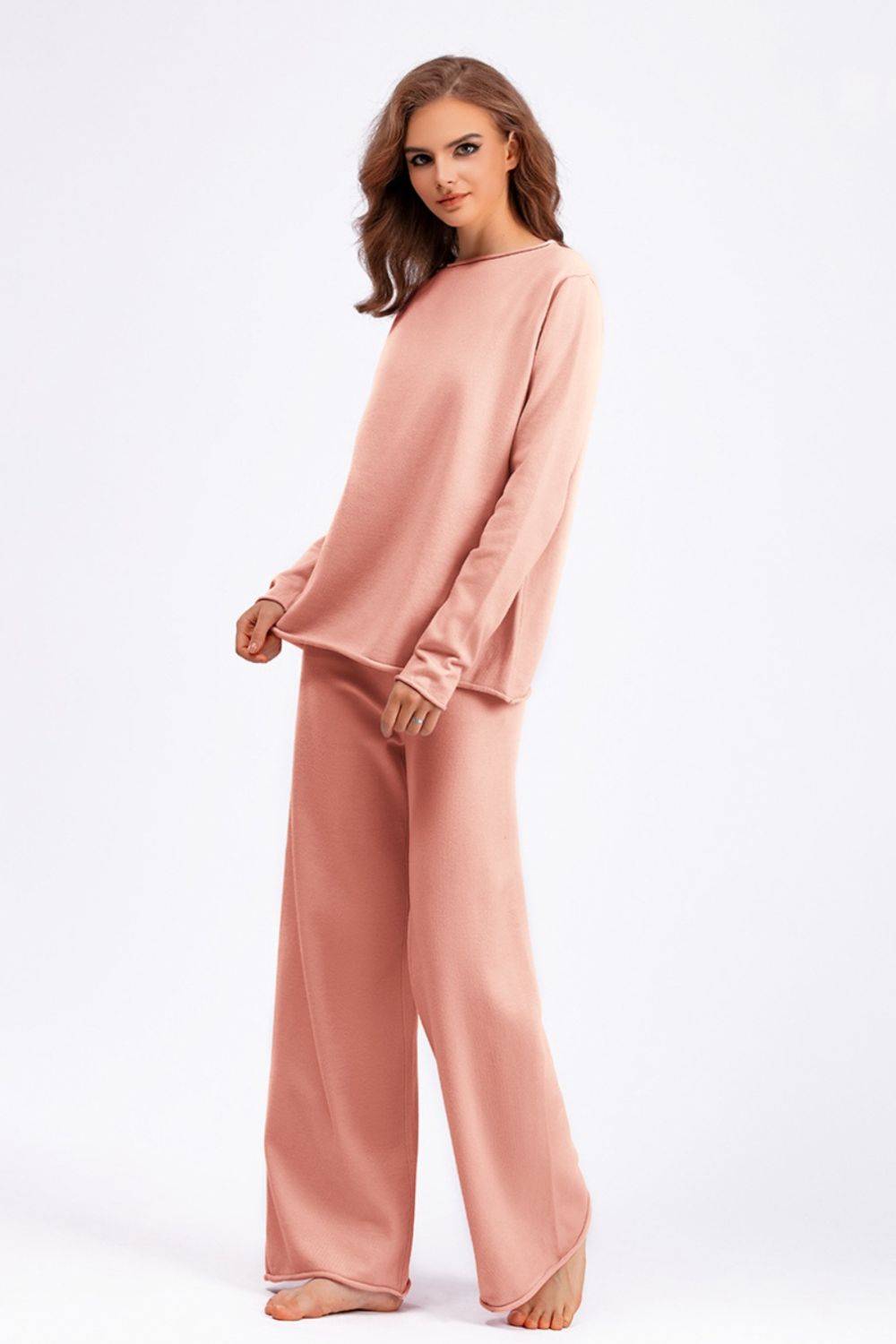 SHIRLYN Rolled Round Neck Top and Pants Sweater Set