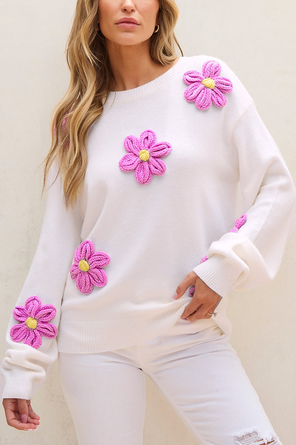 SHIRLYN Crochet Flower Round Neck Long Sleeve Sweater