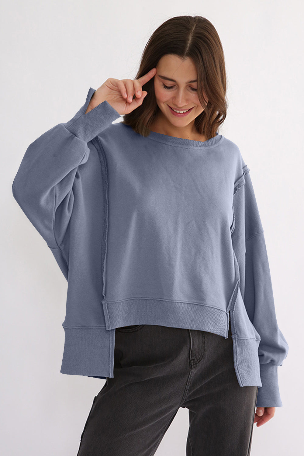 Exposed Seam High-Low Long Sleeve Sweatshirt