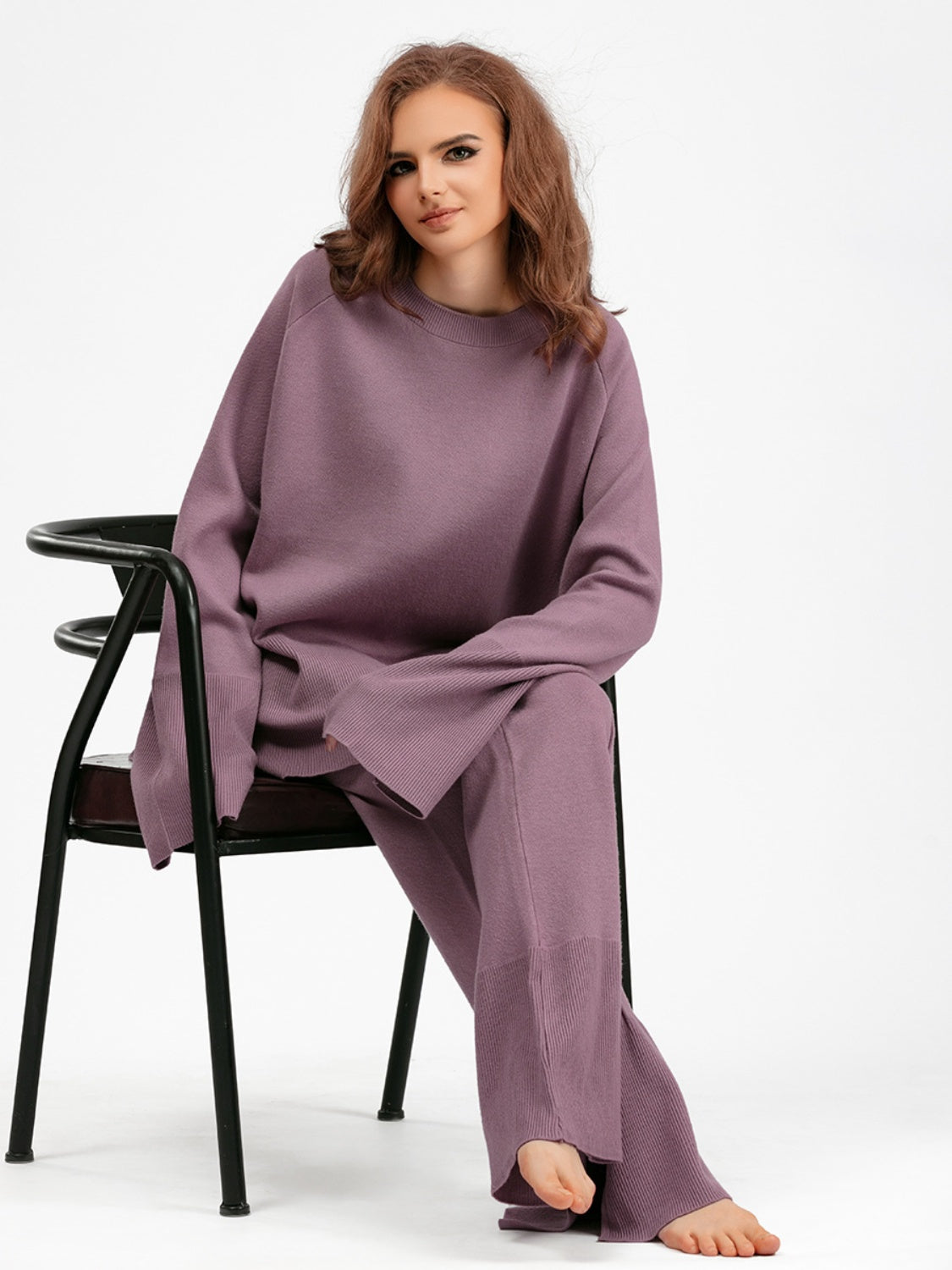 SHIRLYN Slit Round Neck Long Sleeve Top and Drawstring Pants Sweater Set