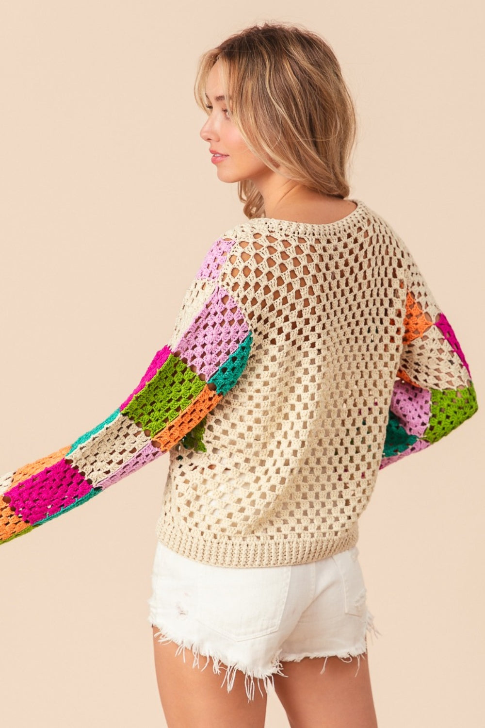 SHIRLYN Multi Color Checkered Long Sleeve Knit Top