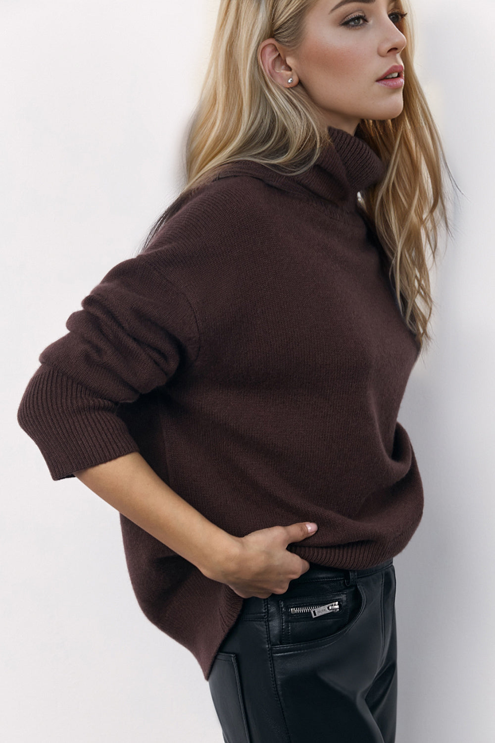 SHIRLYN Turtleneck Long Sleeve Dropped Shoulder Sweater