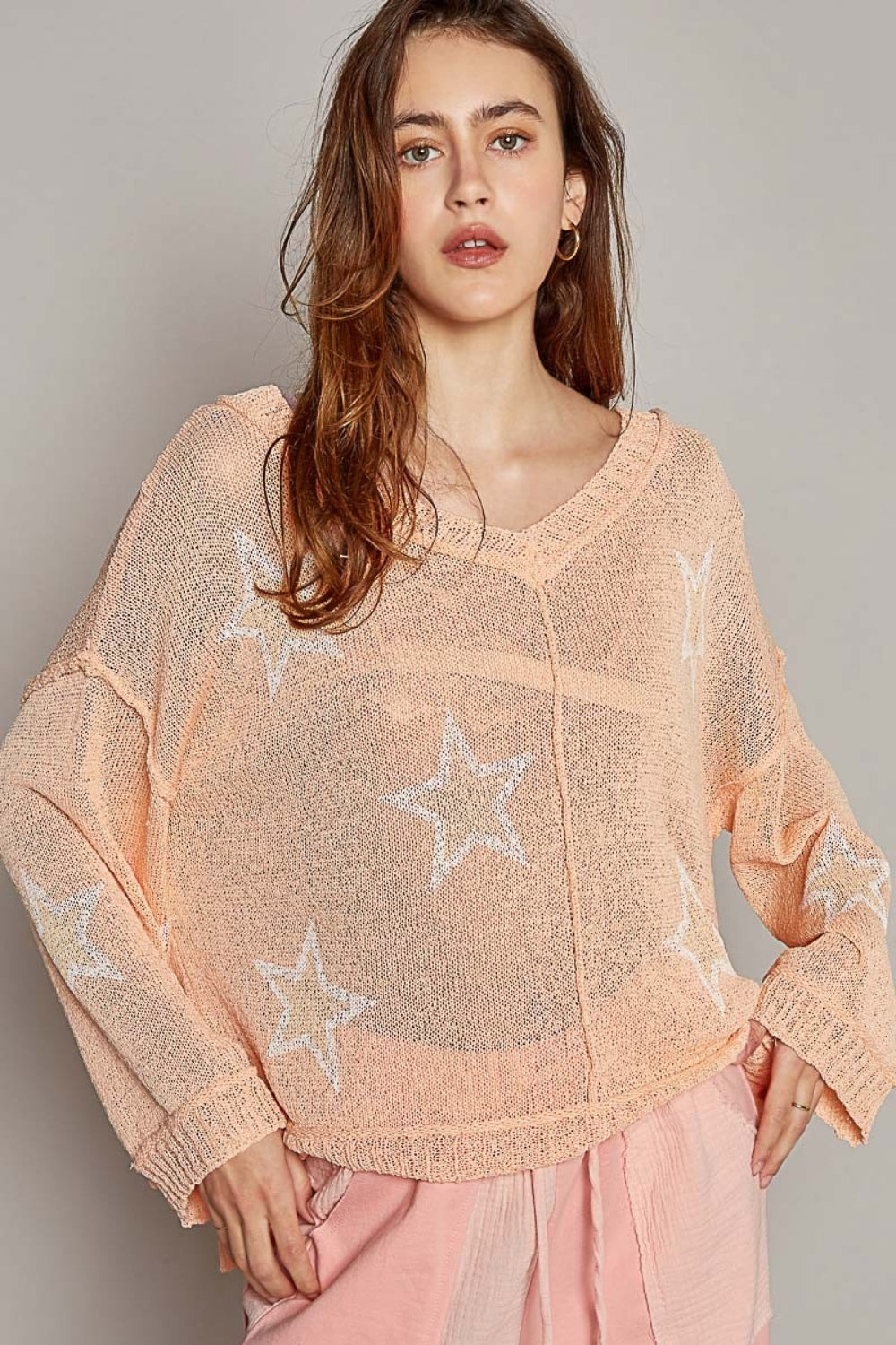 SHIRLYN V-Neck Long Sleeve Star Print Knit Top