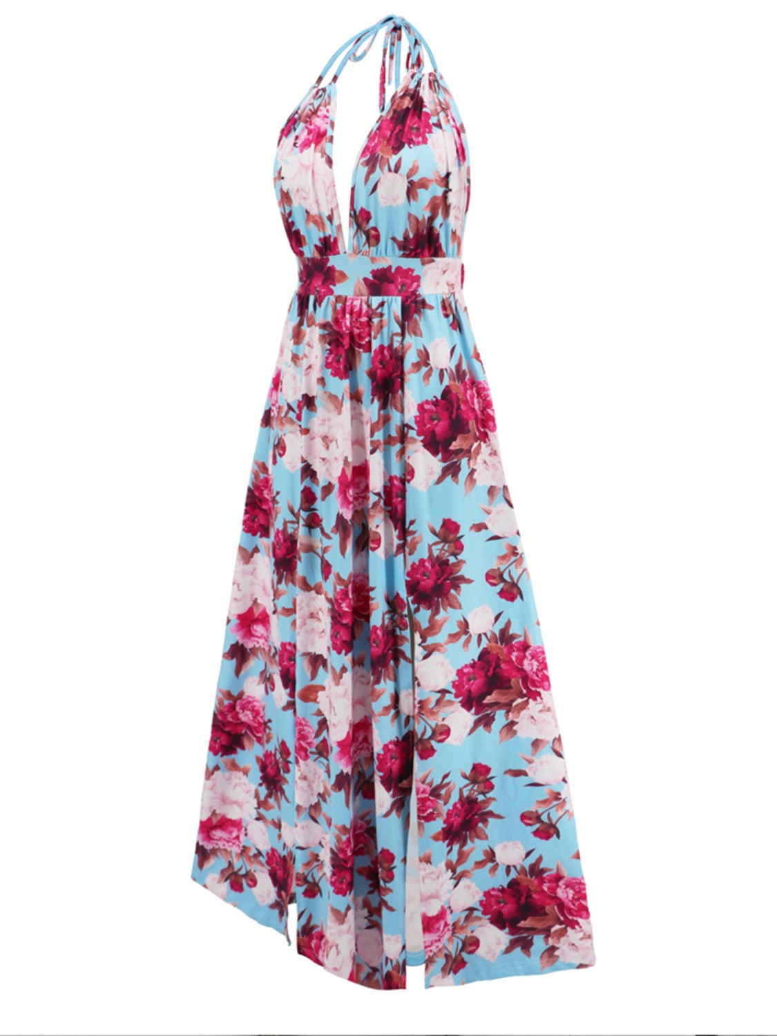 Slit Backless Printed Halter Neck Dress