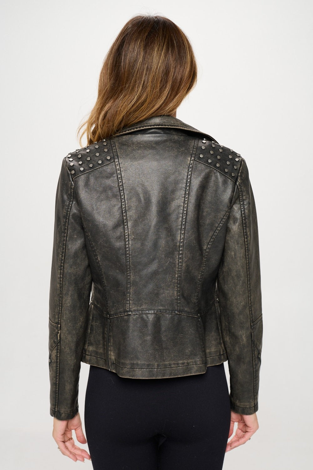 SHIRLYN.CO LA Studded Classic Moto Faux Leather Jacket