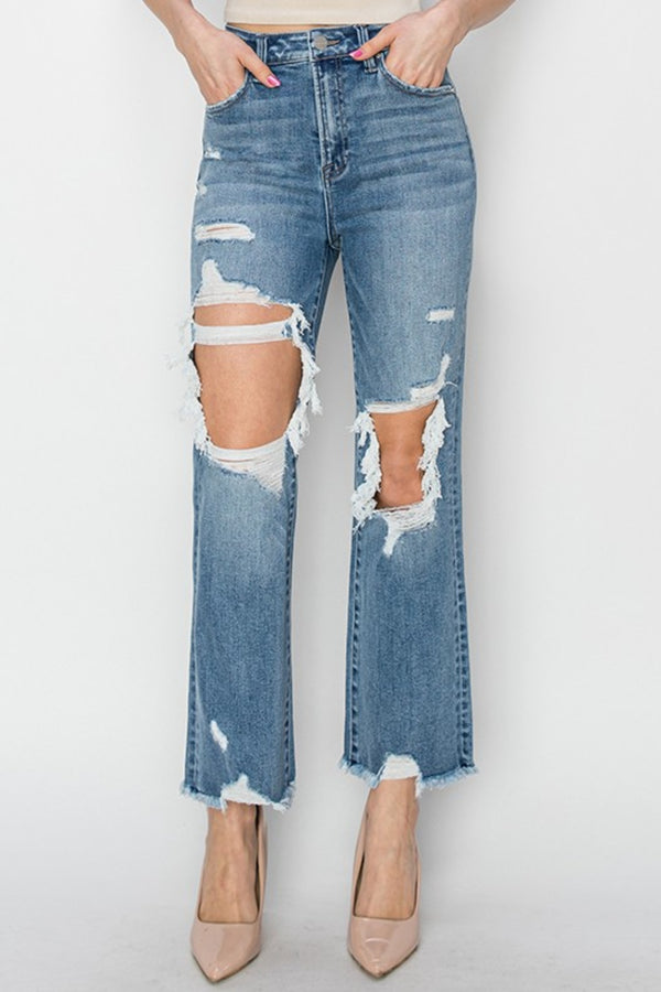 SHIRLYN High Rise Distressed Crop Straight Jeans