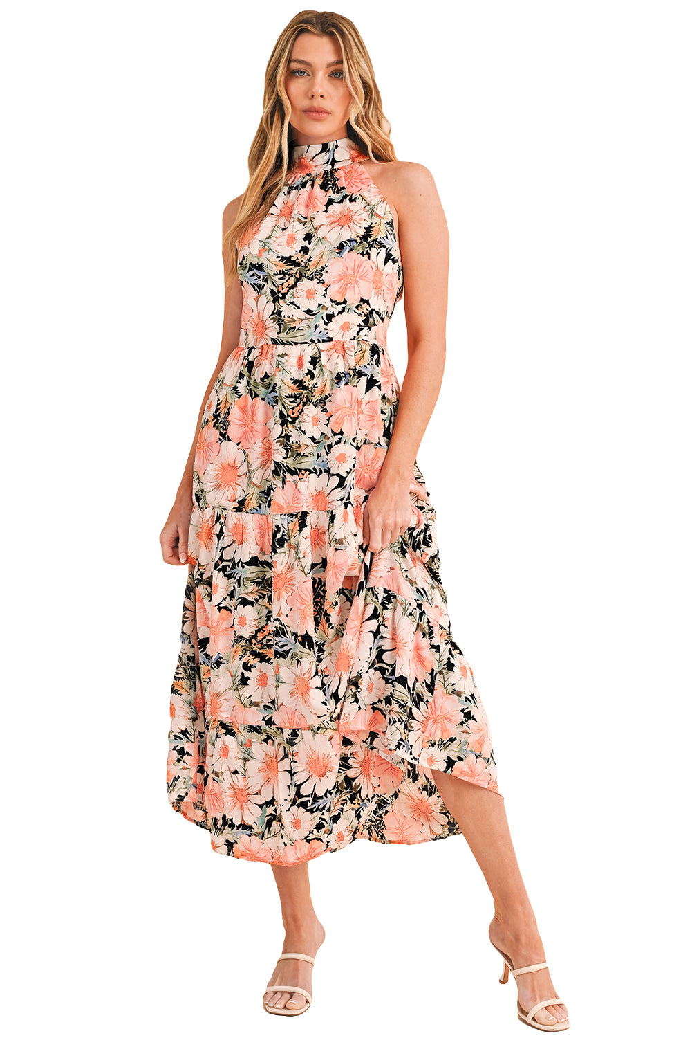 Black Knotted Halter Floral Print Ruffle Tiered Maxi Dress