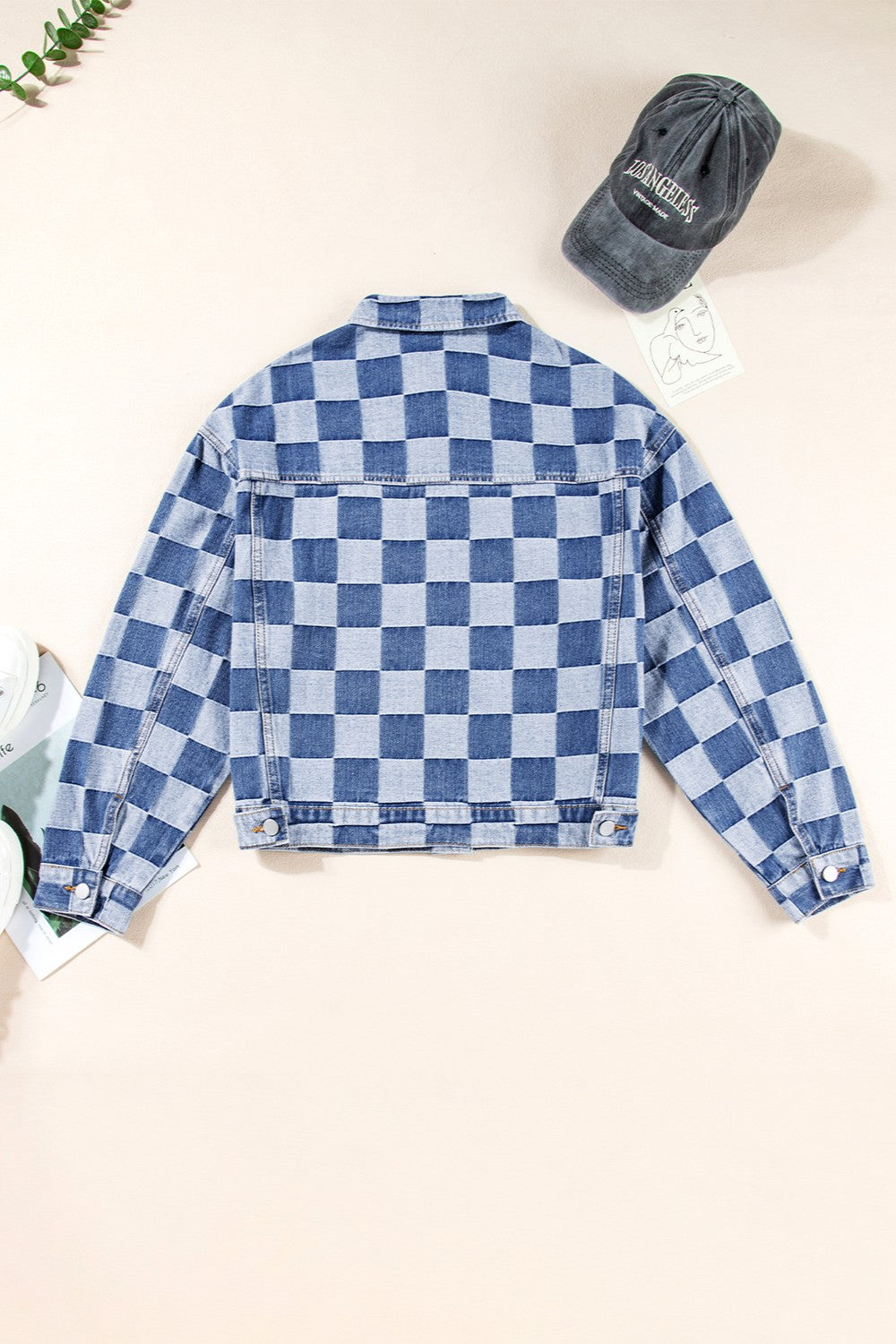 SHIRLYN - Checkered Button Up Long Sleeve Denim Jacket