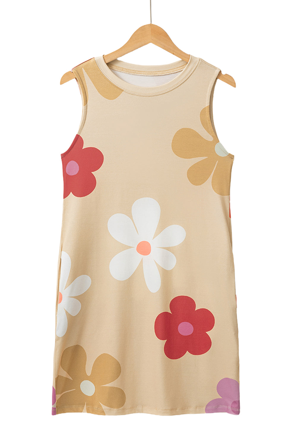 Apricot Flower Print Crew Neck Sleeveless Mini Dress