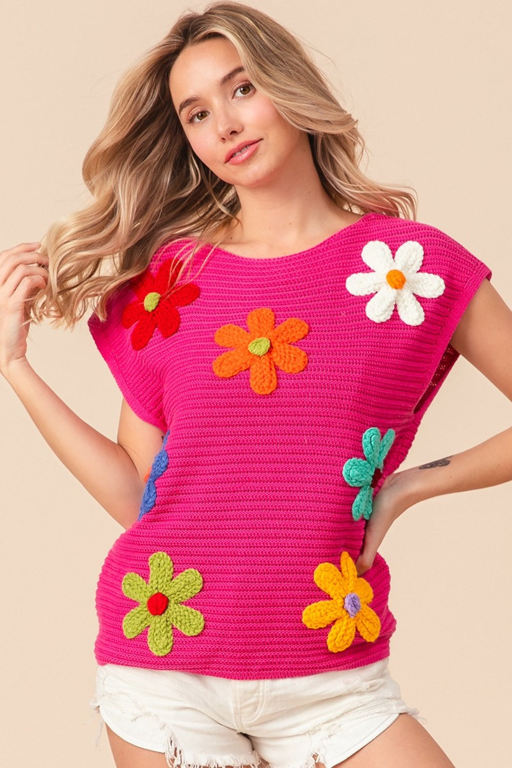 SHIRLYN Flower Round Neck Cap Sleeve Knit Top