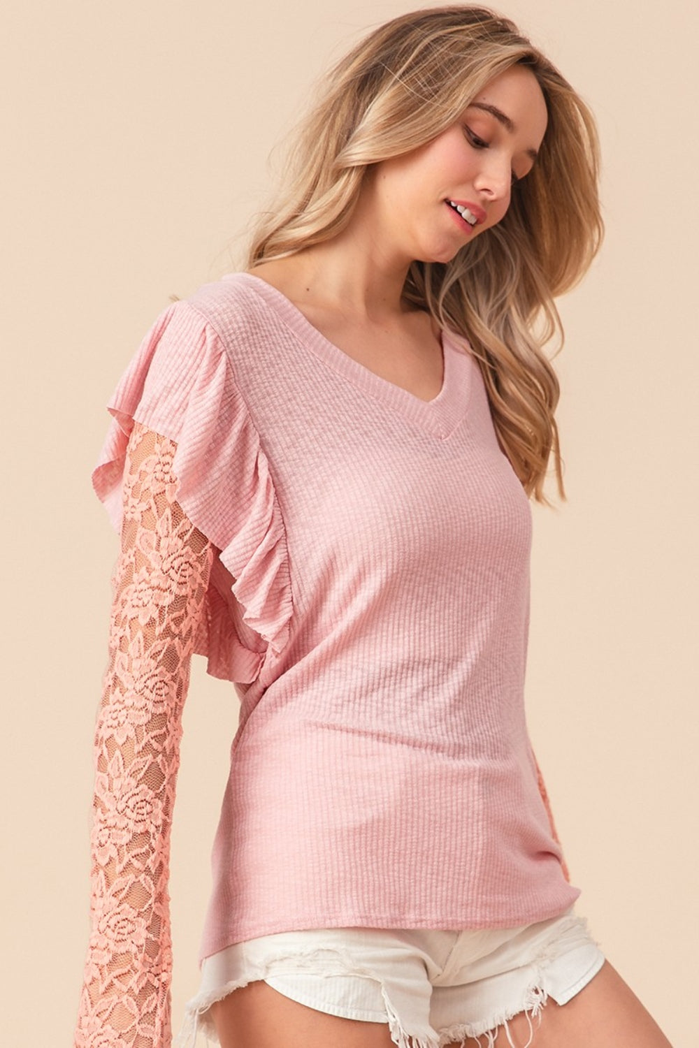 SHIRLYN Ruffled Lace Sleeve Rib Knit Top