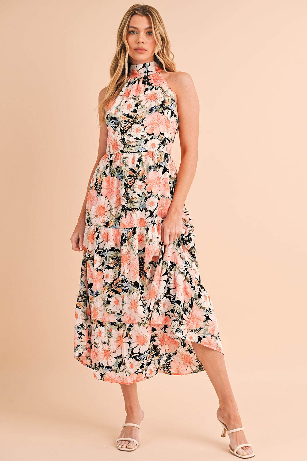 Black Knotted Halter Floral Print Ruffle Tiered Maxi Dress