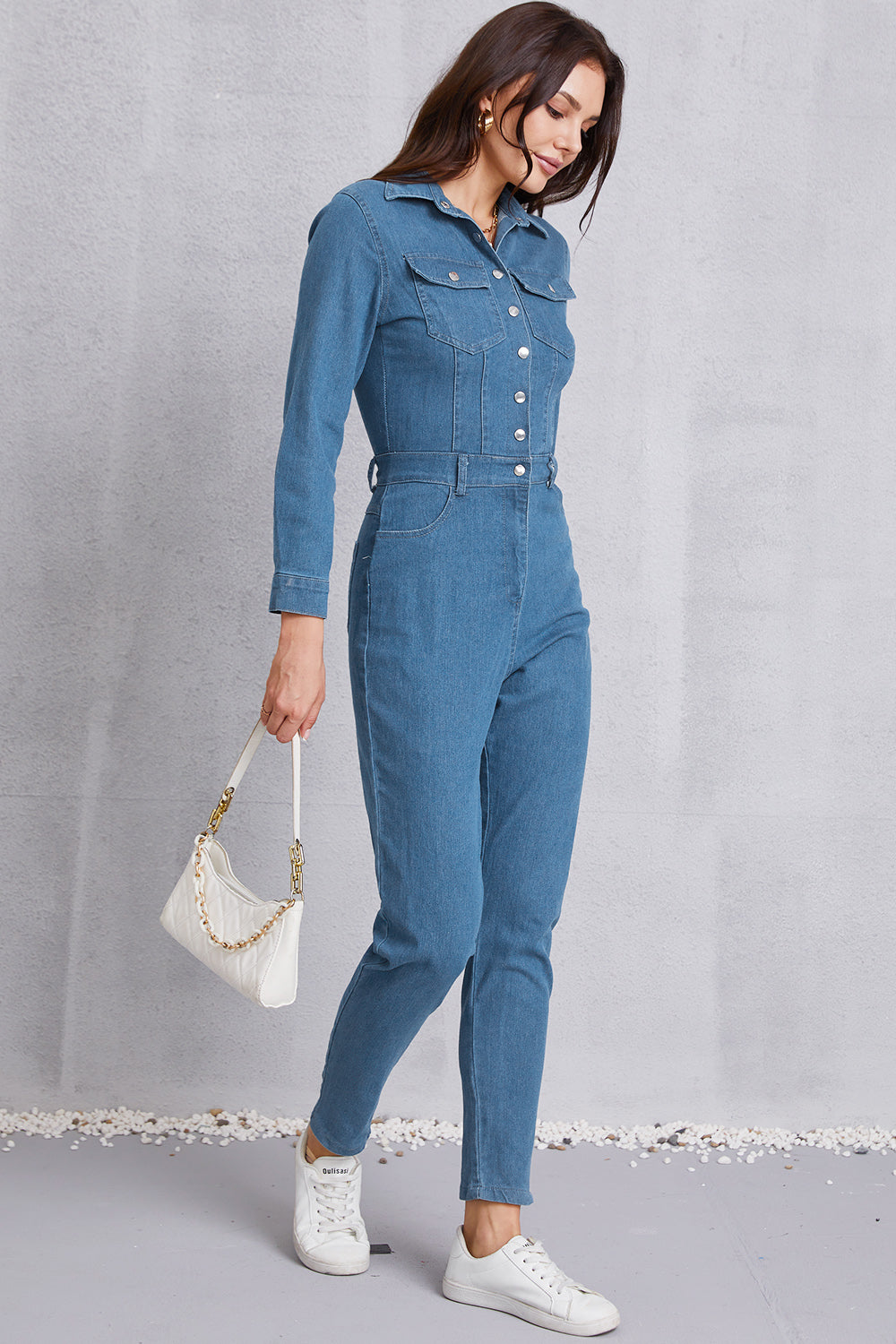 SHIRLYN Snap Down Denim Jumpsuit with Pockets