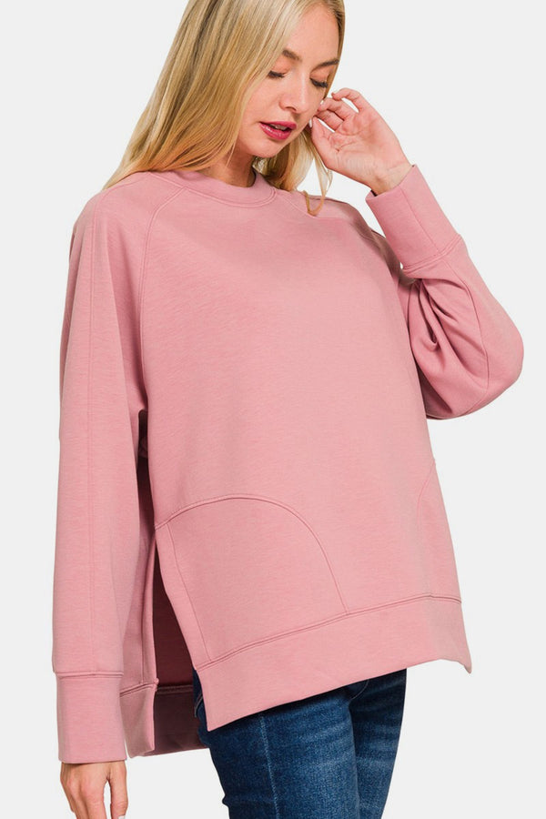 SHIRLYN Scuba Round Neck Side Slit Sweatshirt