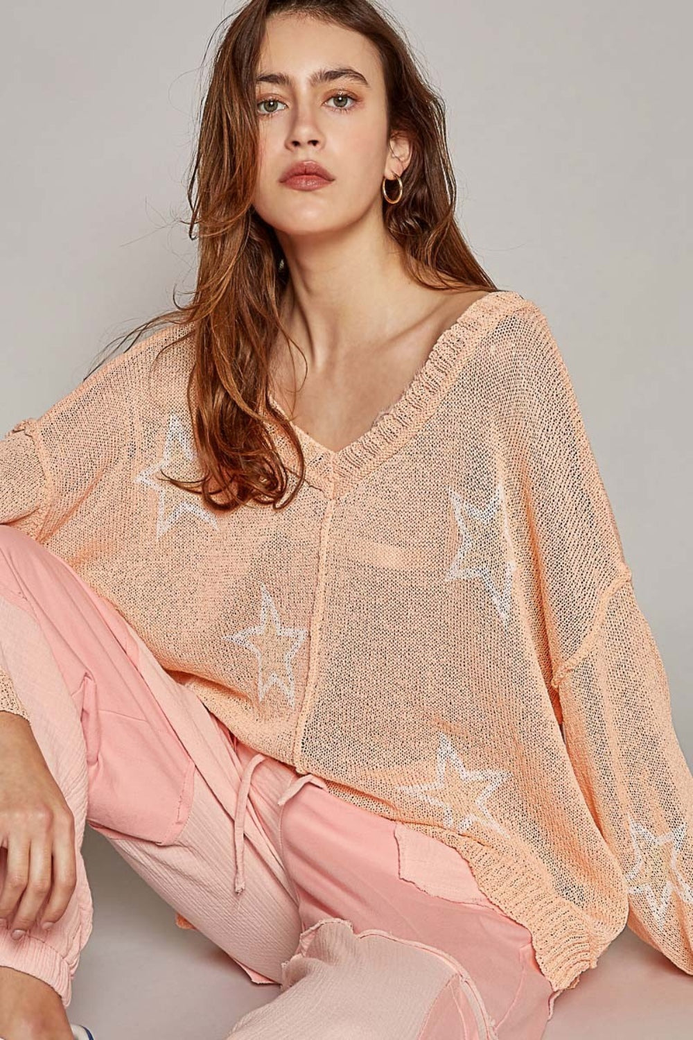 SHIRLYN V-Neck Long Sleeve Star Print Knit Top