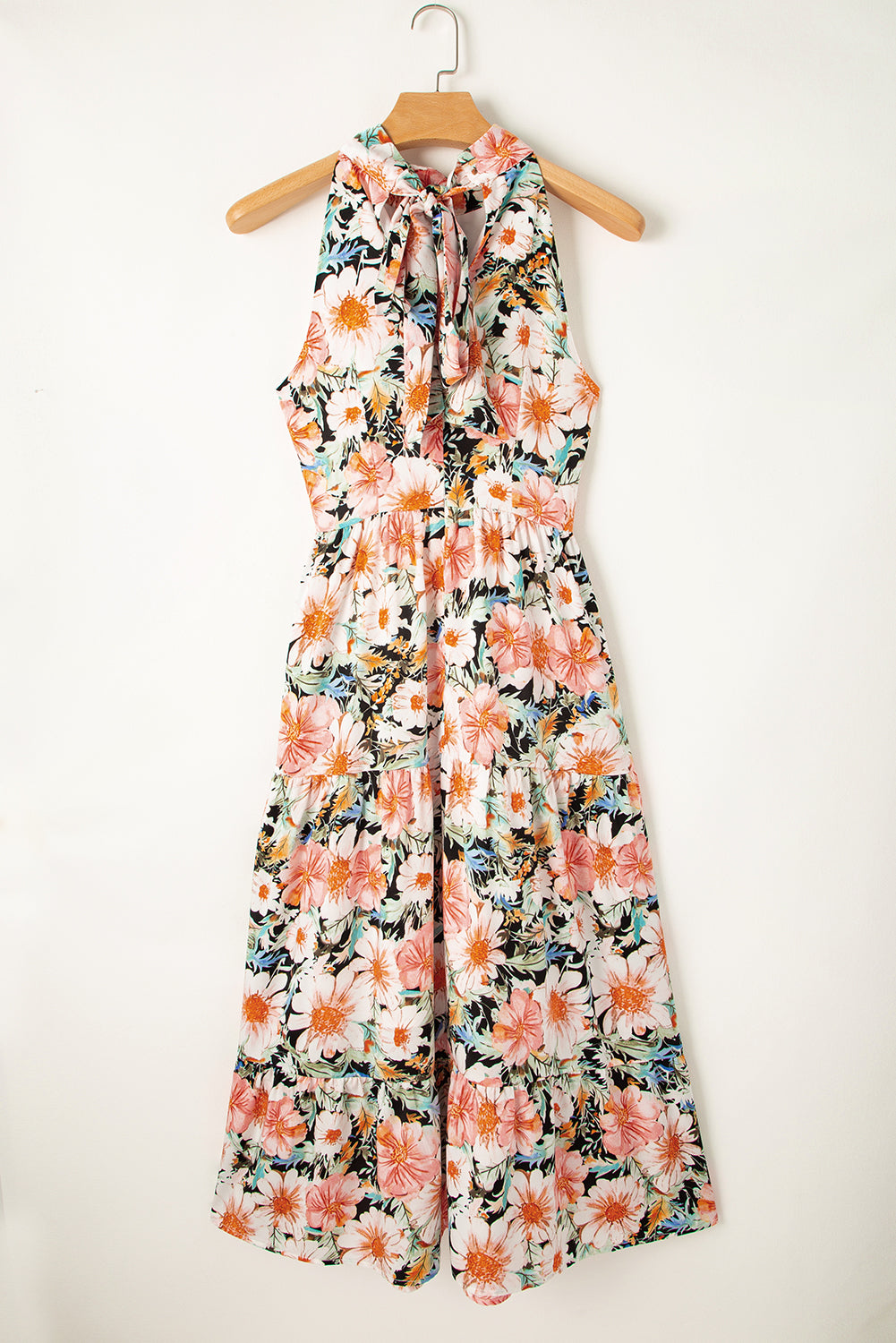 Black Knotted Halter Floral Print Ruffle Tiered Maxi Dress