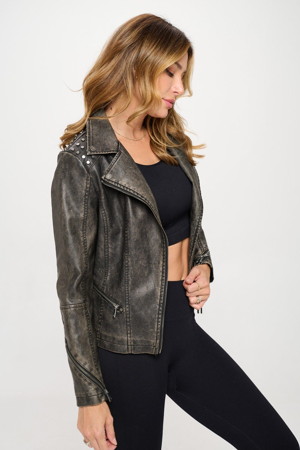 SHIRLYN.CO LA Studded Classic Moto Faux Leather Jacket