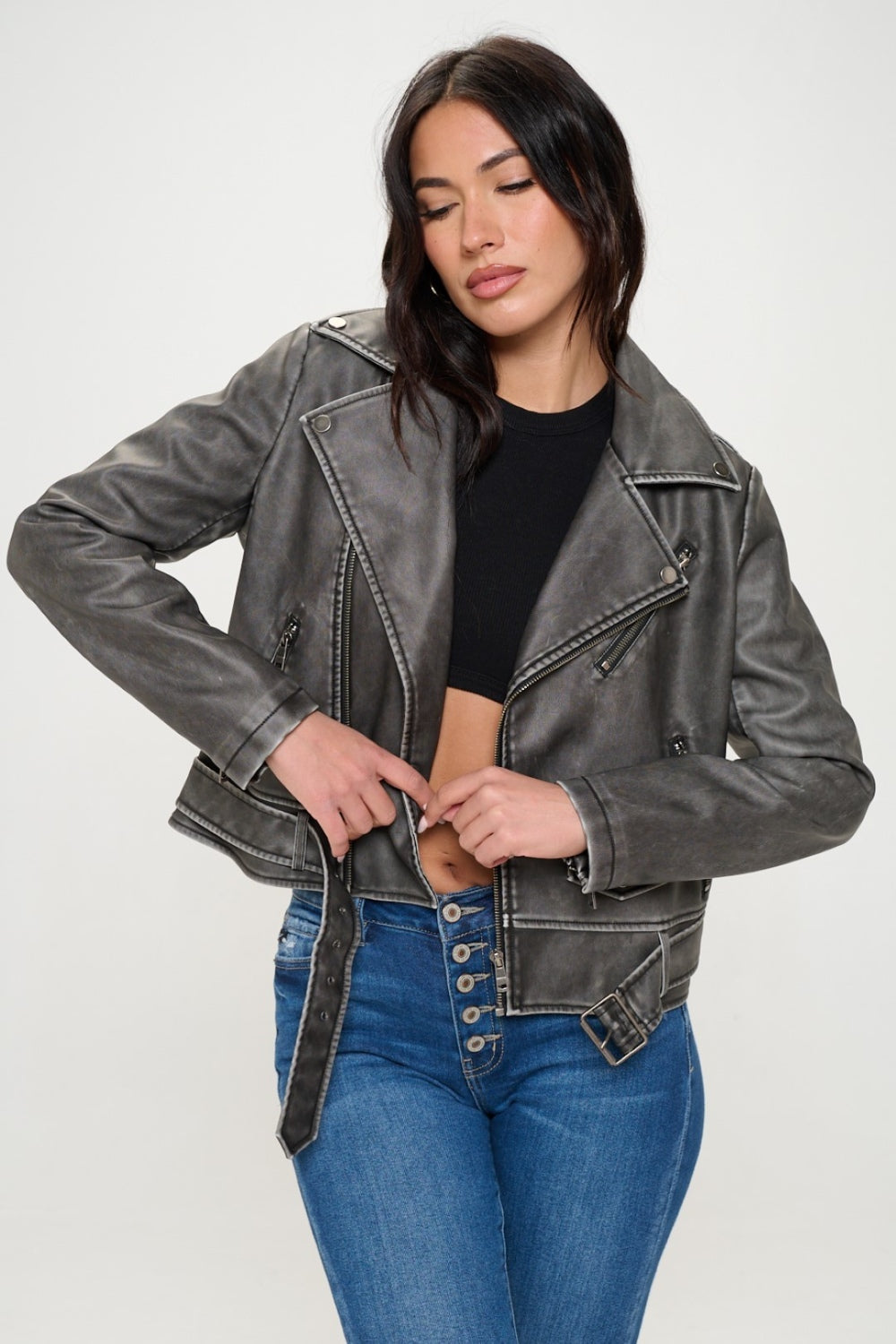 SHIRLYN.CO LA Zip Up Biker Jacket with Belt