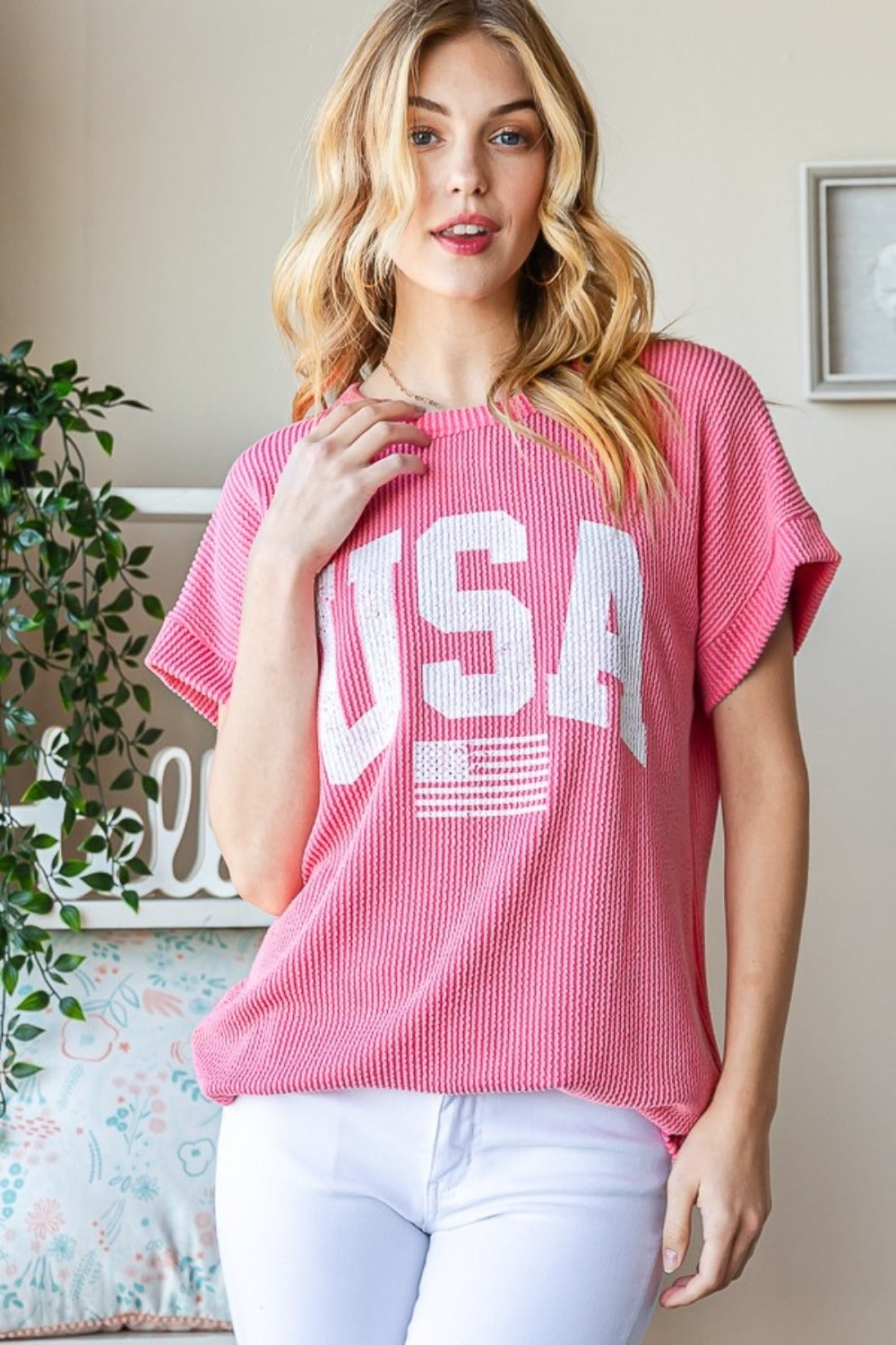 SHIRLYN Full Size USA Graphic Short Sleeve Ribbed Top