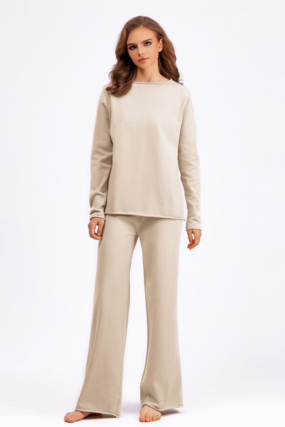 SHIRLYN Rolled Round Neck Top and Pants Sweater Set