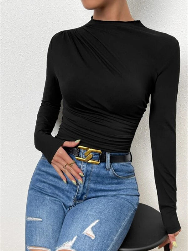 Solid color slim fit versatile ruffled design long-sleeved T-shirt women's top