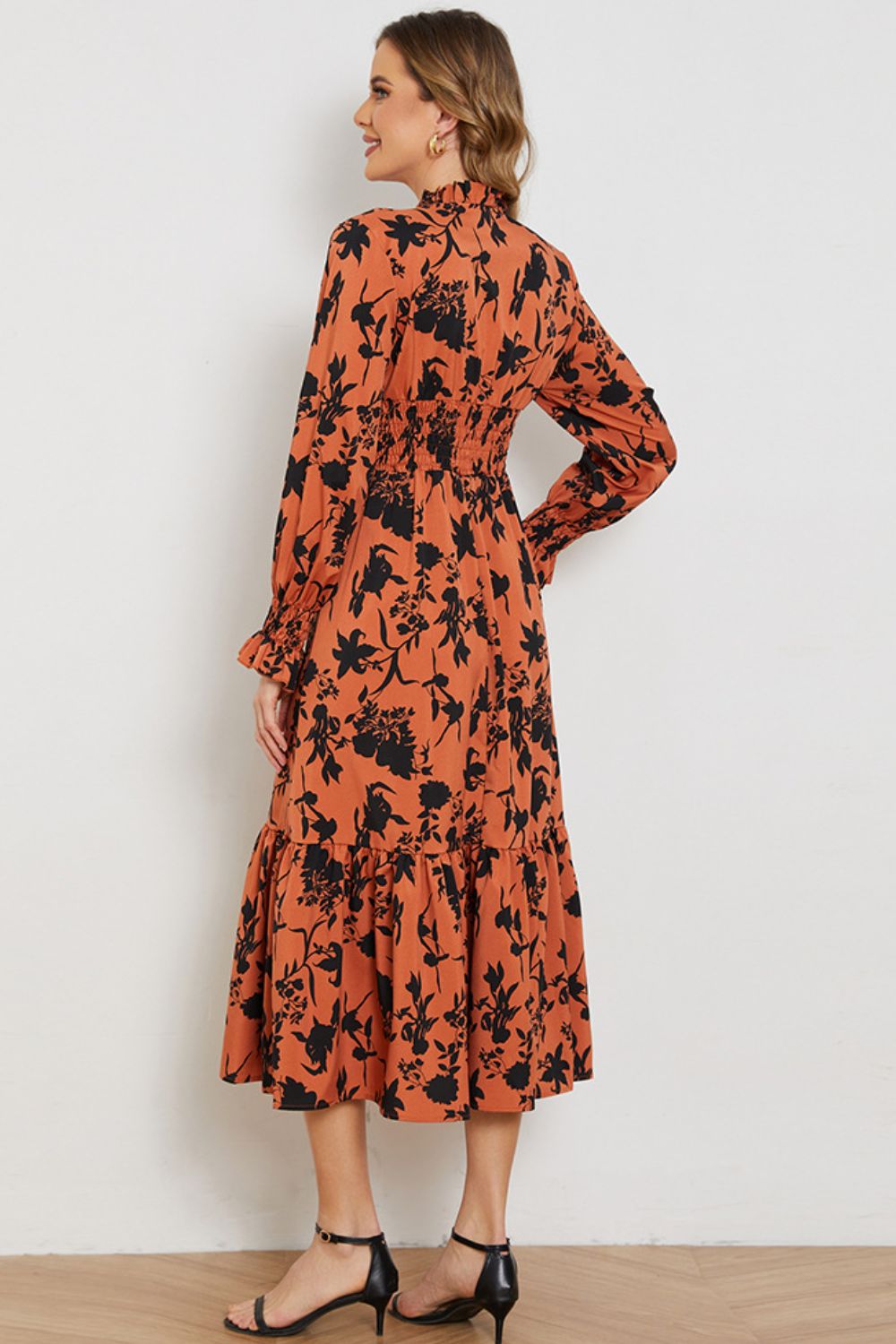 Floral Smocked Long Flounce Sleeve Dress - SHIRLYN.CO