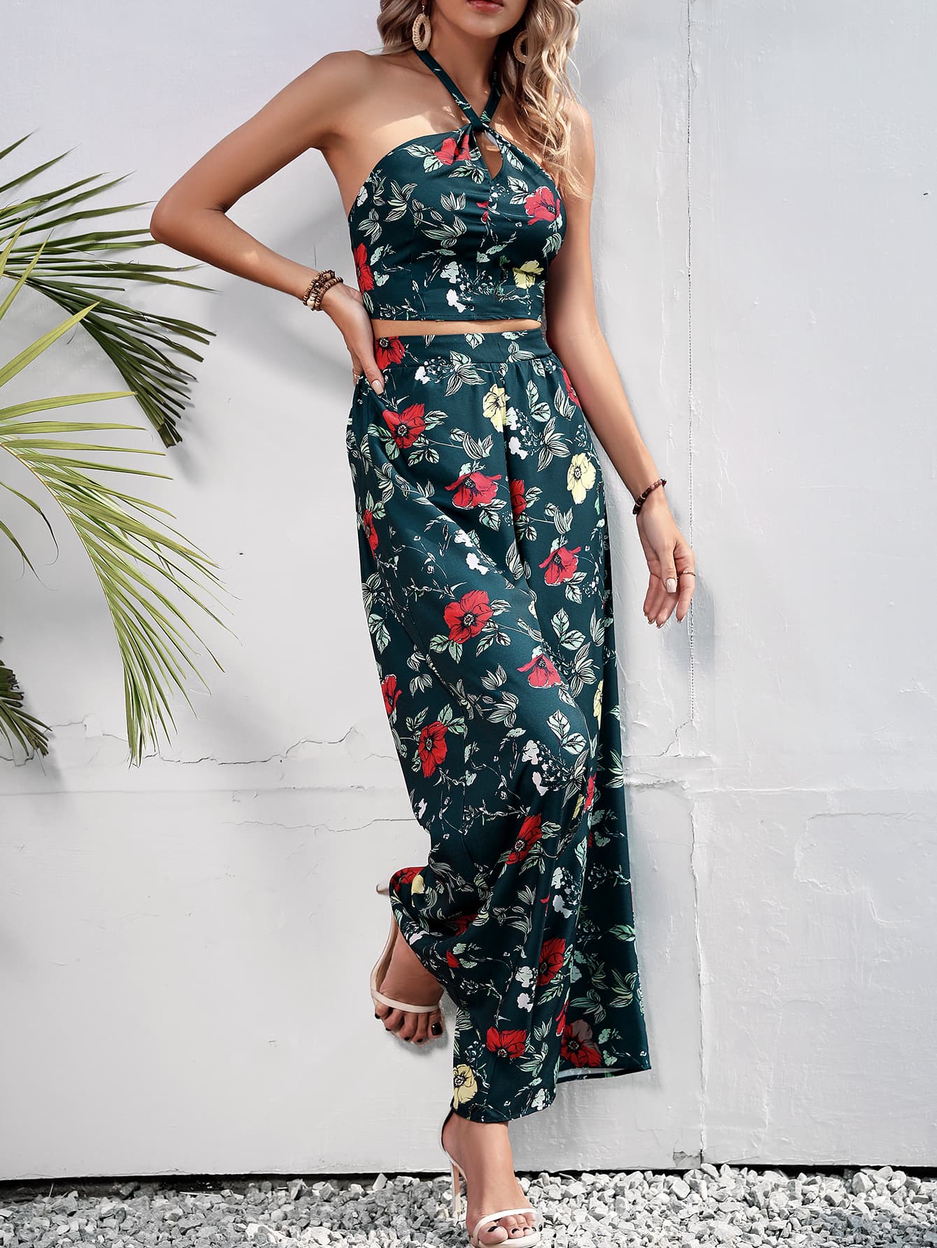 Floral Halter Neck Top and Wide Leg Pants Set - SHIRLYN.CO