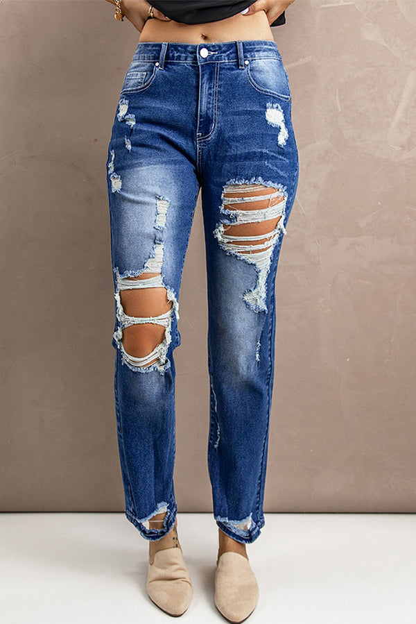 Distressed High-Rise Jeans with Pockets - SHIRLYN.CO