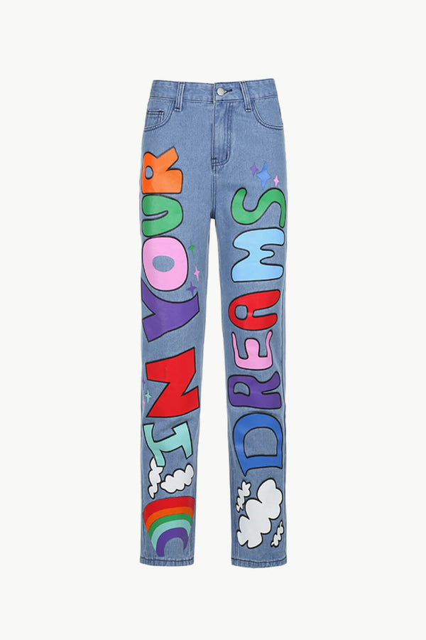 Letter Print High-Waisted Jeans - SHIRLYN.CO