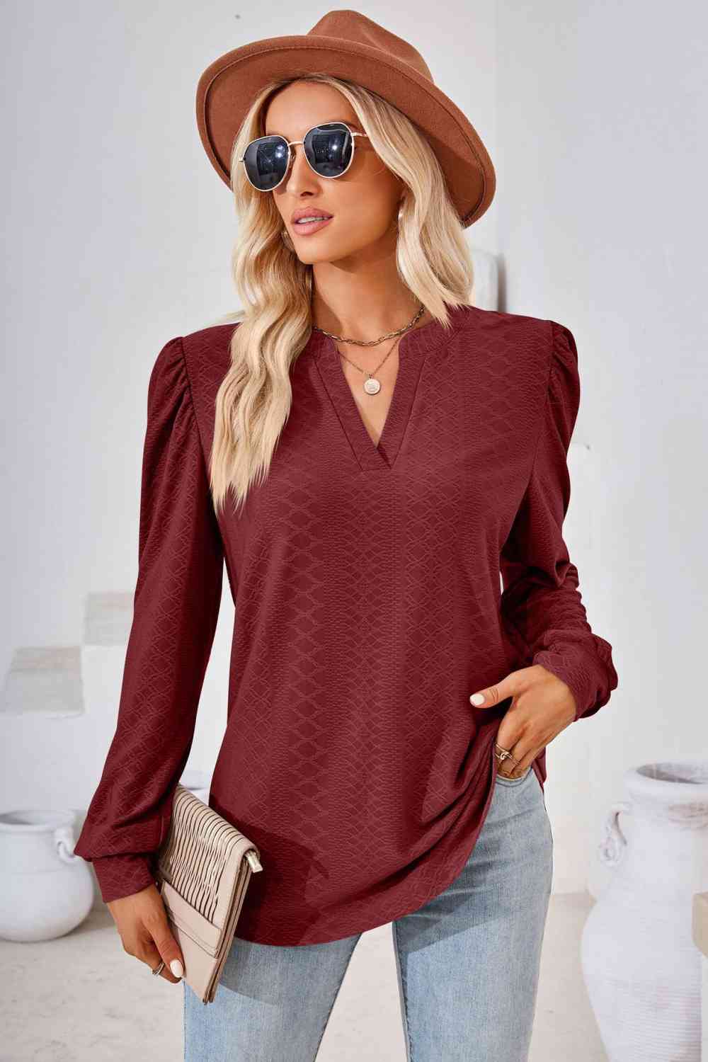 V-Neck Puff Sleeve Blouse