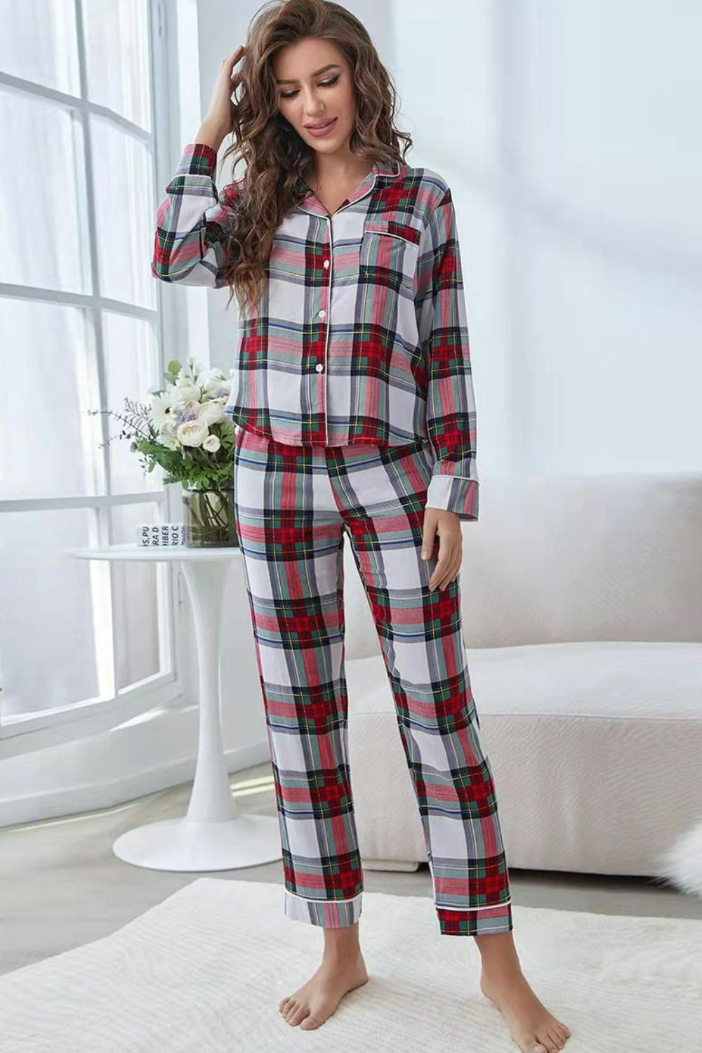 Plaid Button Front Top and Pants Lounge Set - SHIRLYN.CO