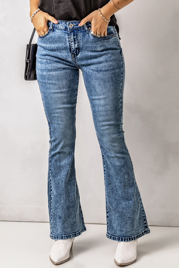 Vintage Wash Flare Jeans with Pockets - SHIRLYN.CO