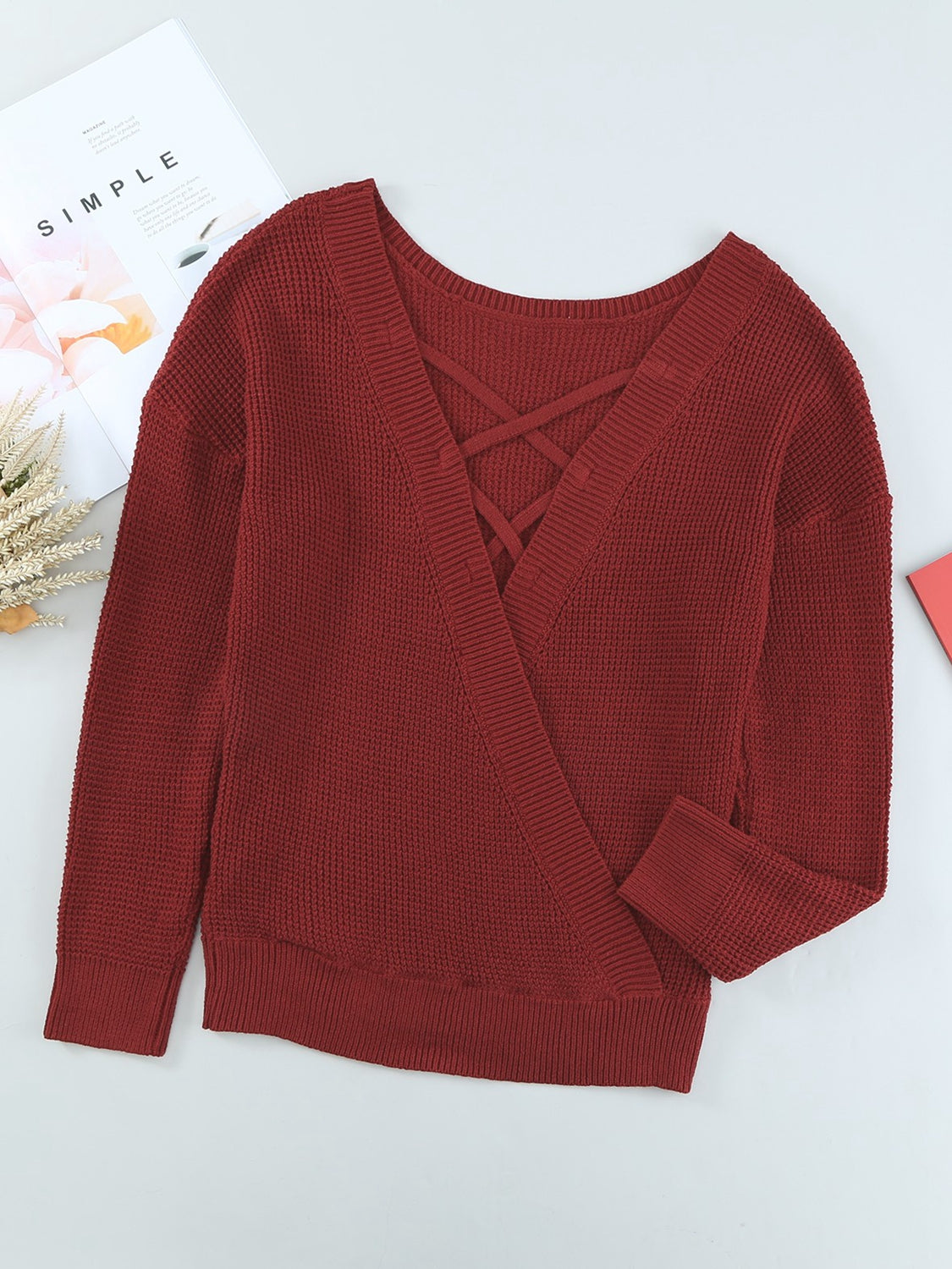 Crisscross Back Waffle-Knit Sweater