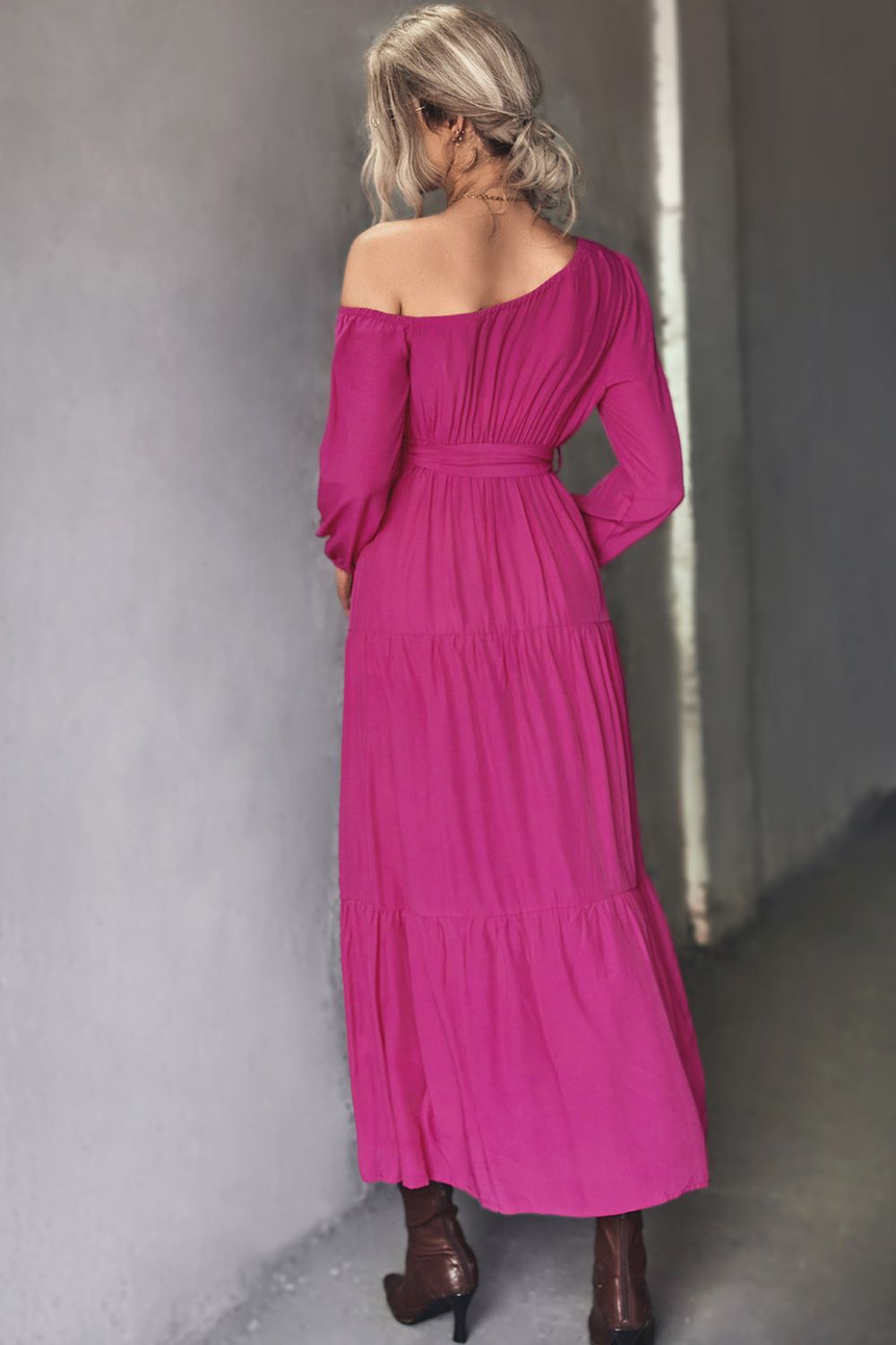 Belted One-Shoulder Tiered Maxi Dress - SHIRLYN.CO