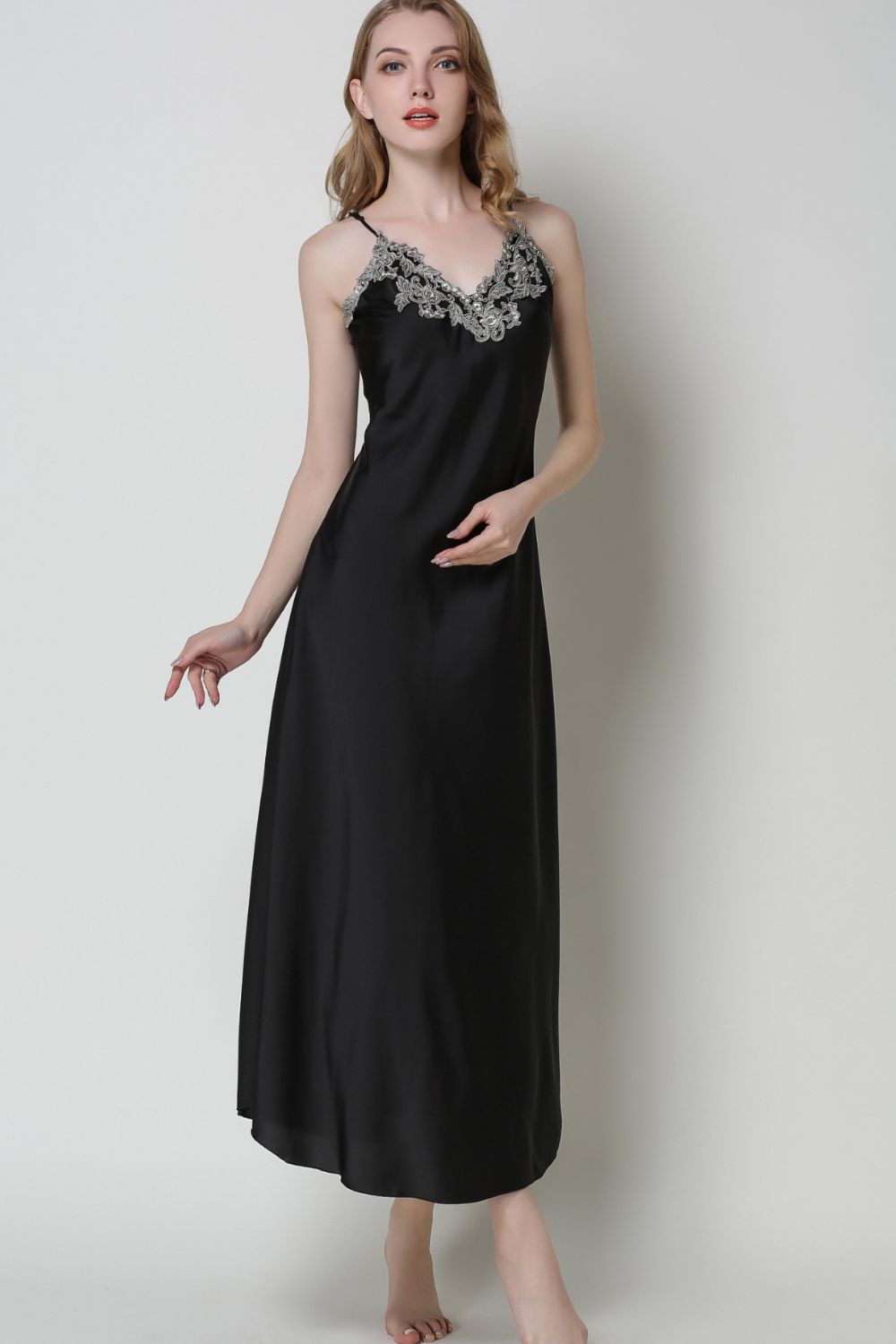 Full Size Lace Trim V-Neck Spaghetti Strap Satin Night Dress - SHIRLYN.CO