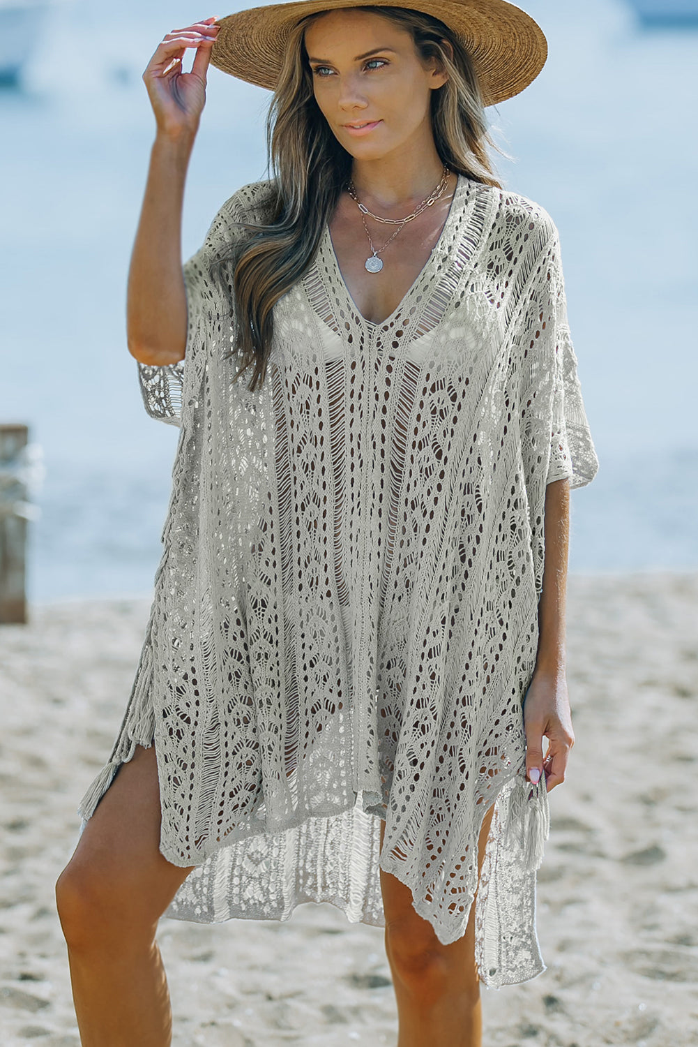 Openwork V-Neck Slit Cover Up - SHIRLYN.CO