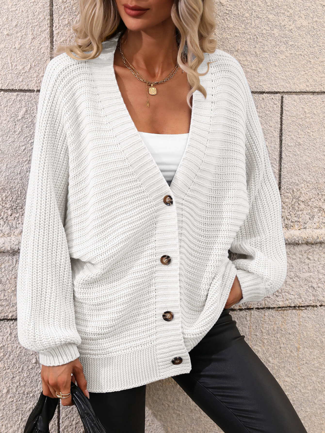 Button Down Horizontal-Ribbing Longline Cardigan - SHIRLYN.CO