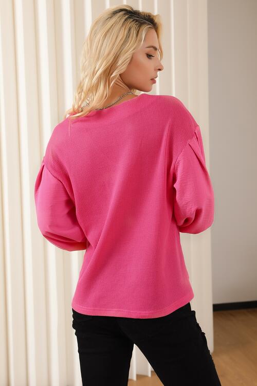 Waffle -Knit V-Neck Long Sleeve Blouse