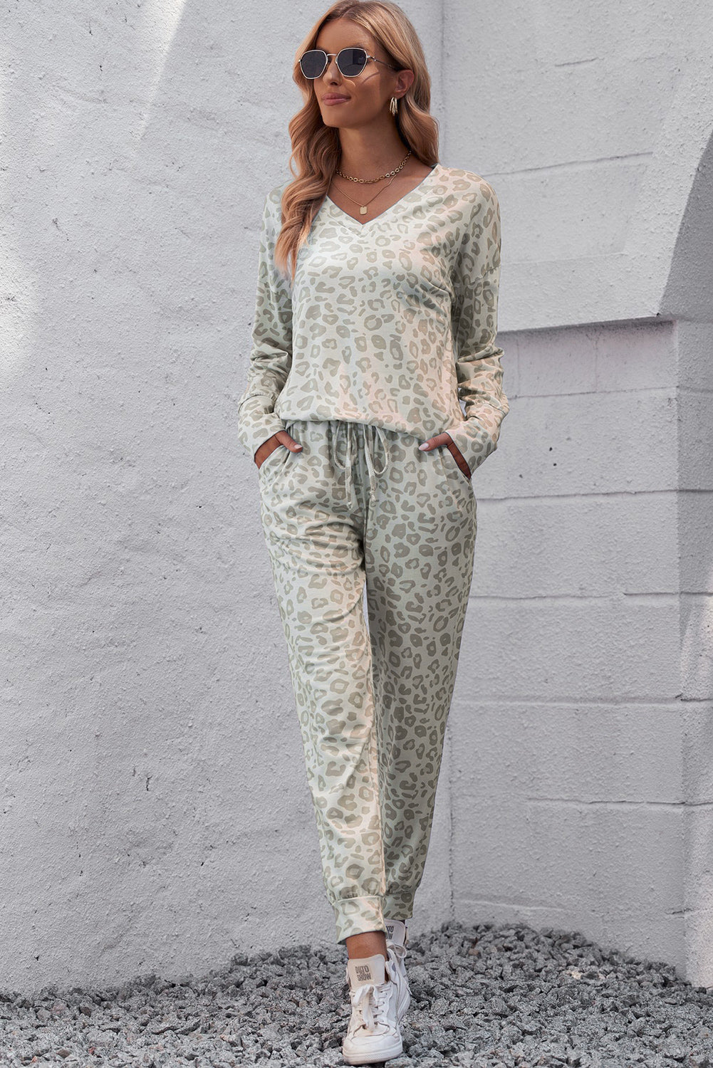 Leopard V-Neck Top and Drawstring Joggers Lounge Set - SHIRLYN.CO