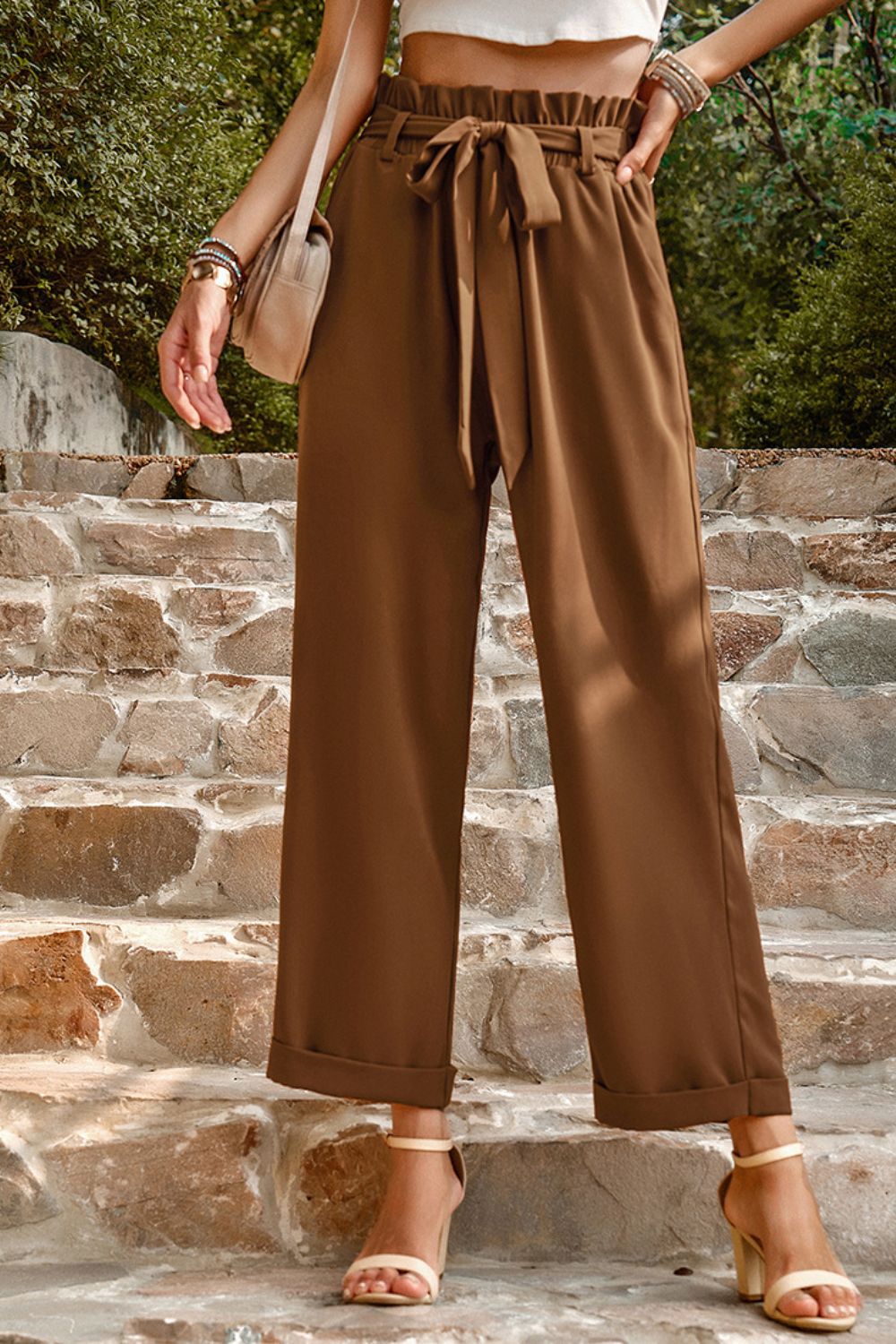 Tie Belt Paperbag Waist Straight Leg Pants - SHIRLYN.CO