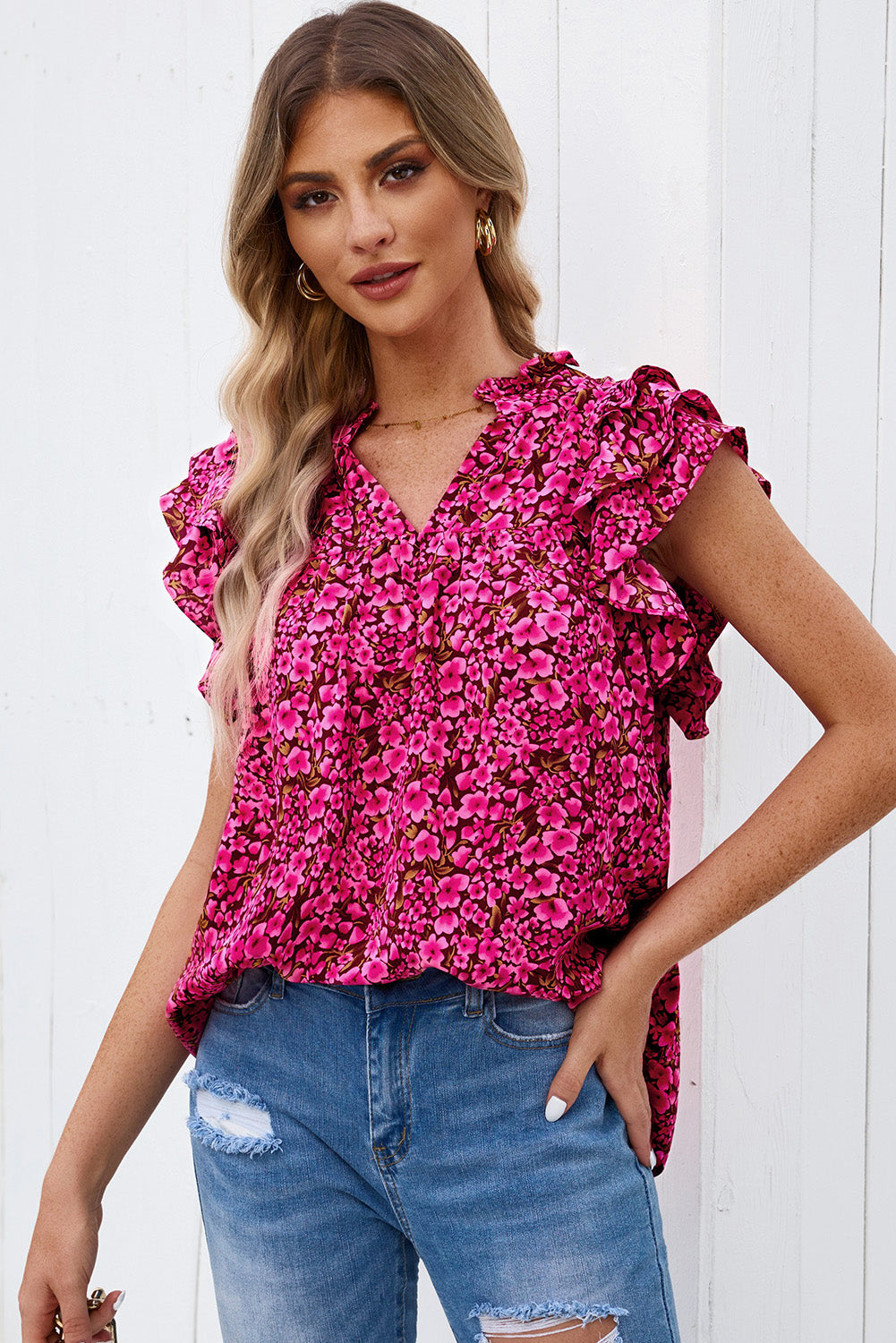 Floral Flutter Sleeve Notched Neck Blouse - SHIRLYN.CO