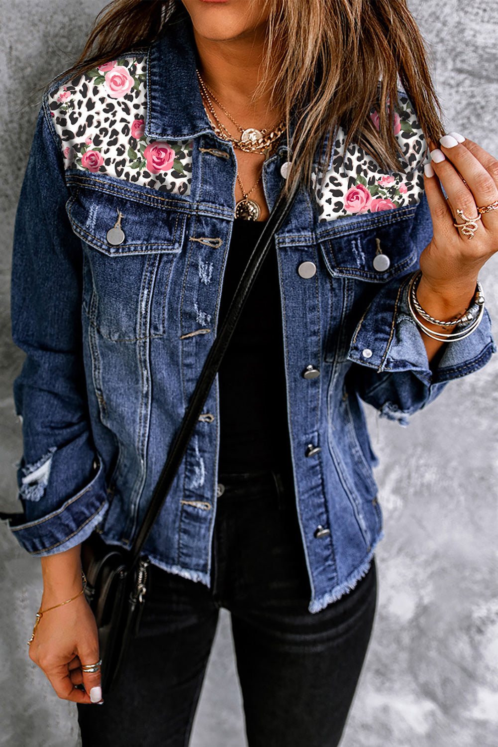 Mixed Print Distressed Button Front Denim Jacket - SHIRLYN.CO