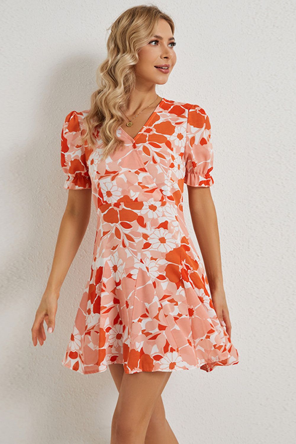 Floral Surplice Neck Flounce Sleeve Dress - SHIRLYN.CO