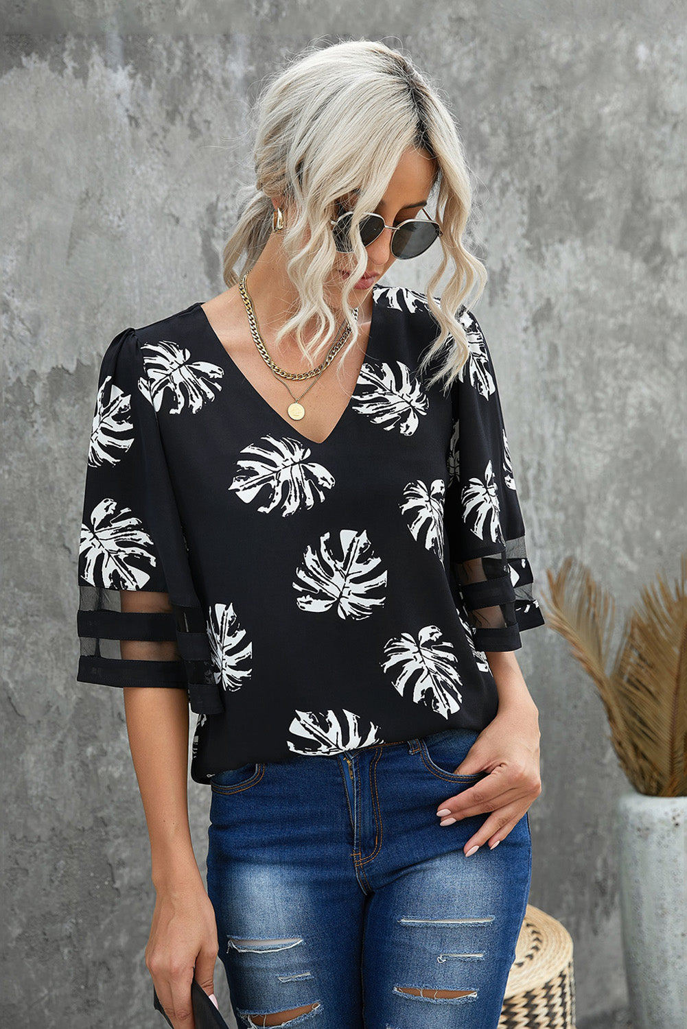 Botanical Print V-Neck Puff Sleeve Blouse - SHIRLYN.CO