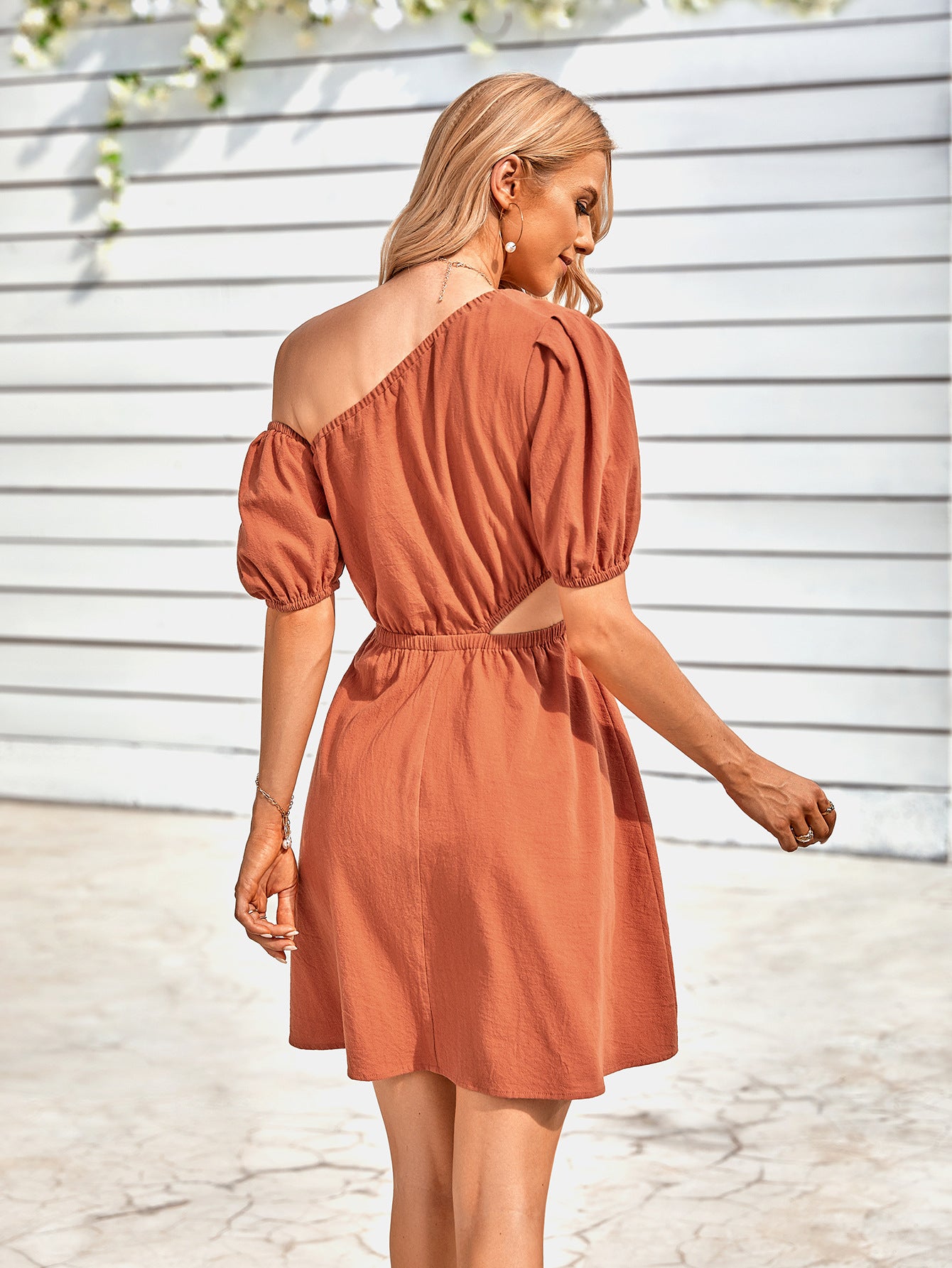 Cutout Asymmetrical Neck Puff Sleeve Dress - SHIRLYN.CO