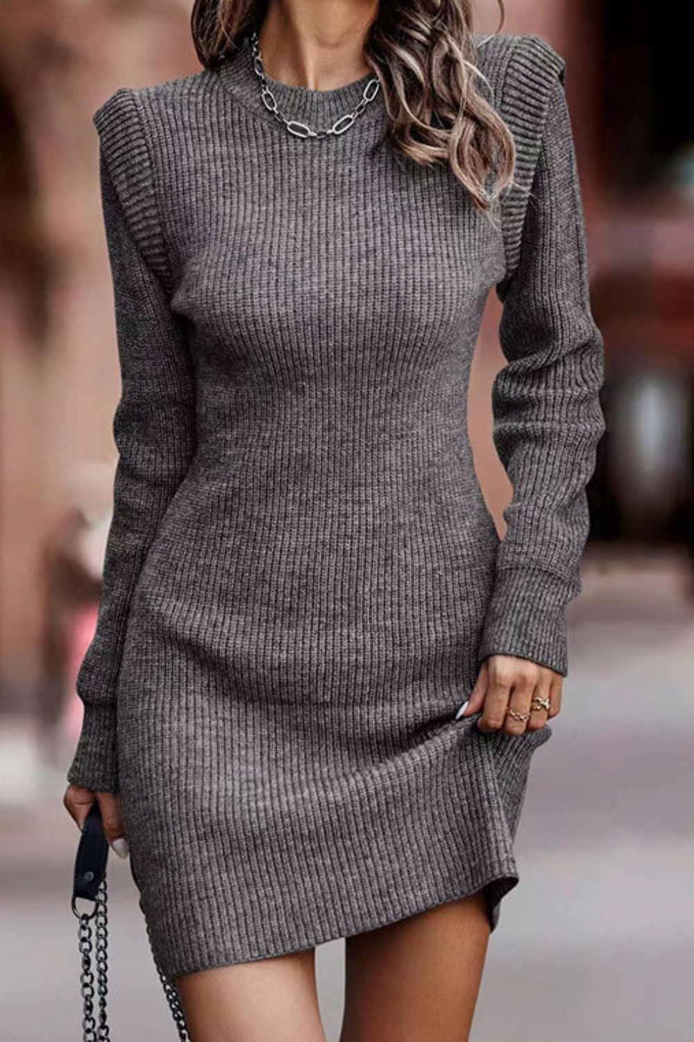 Rib-Knit Round Neck Sweater Dress