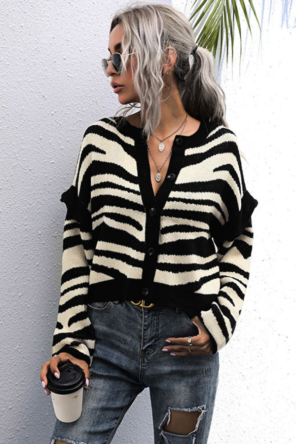 Striped Button-Down Round Neck Drop Shoulder Cardigan - SHIRLYN.CO