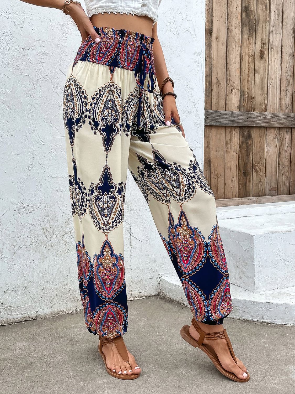 Printed Smocked High Waist Pants - SHIRLYN.CO
